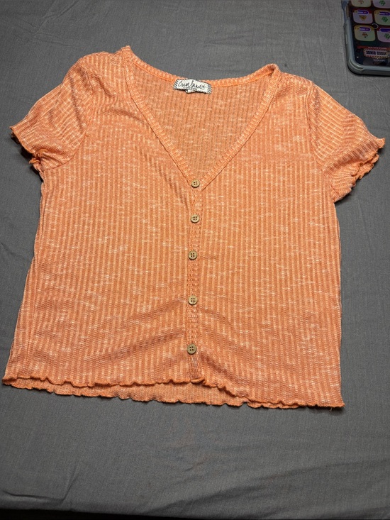 Crave Fame Tops - Crave Fame Peach-Orange Ribbed Button-Front V-Neck Top